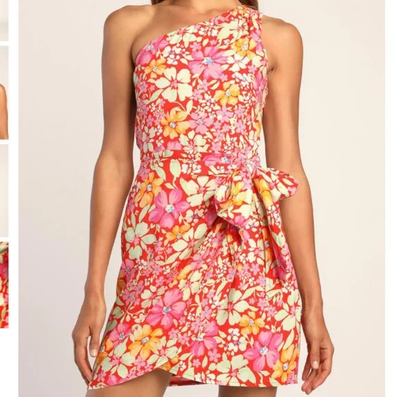 Lulus | Dresses | Summery Side Red Floral Asymmetrical Fauxwrap Mini Dress  | Poshmark